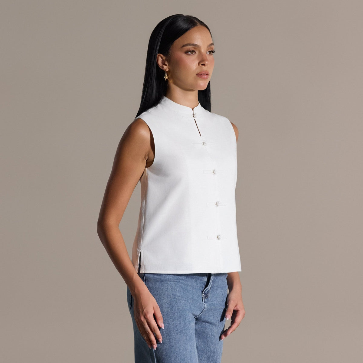 White Mandarin Collar Linen Vest - shopaleena