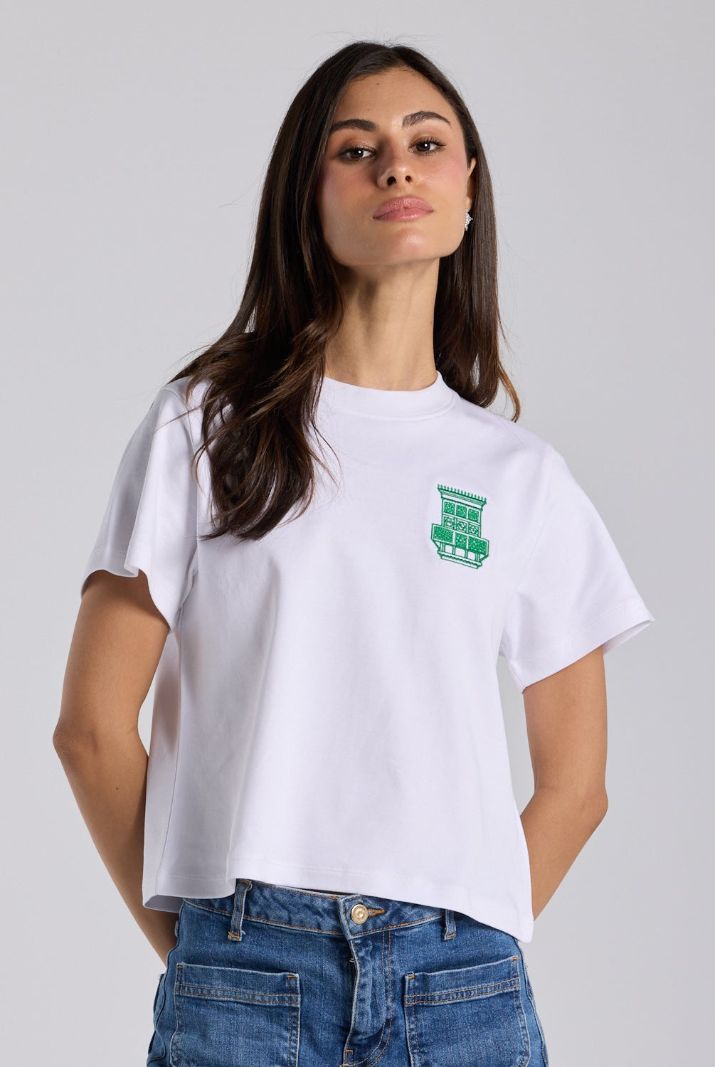 White Mashrabiya Embroidered Cotton T-shirt - shopaleena