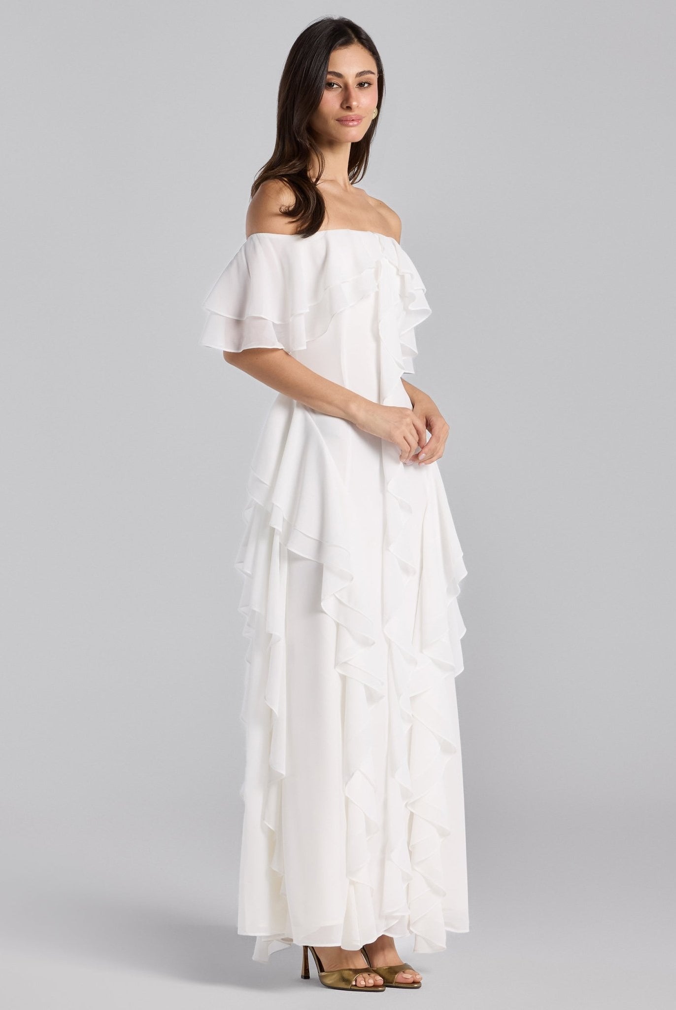 White Off Shoulder Velvet Maxi Dress With Ruffles - shopaleena