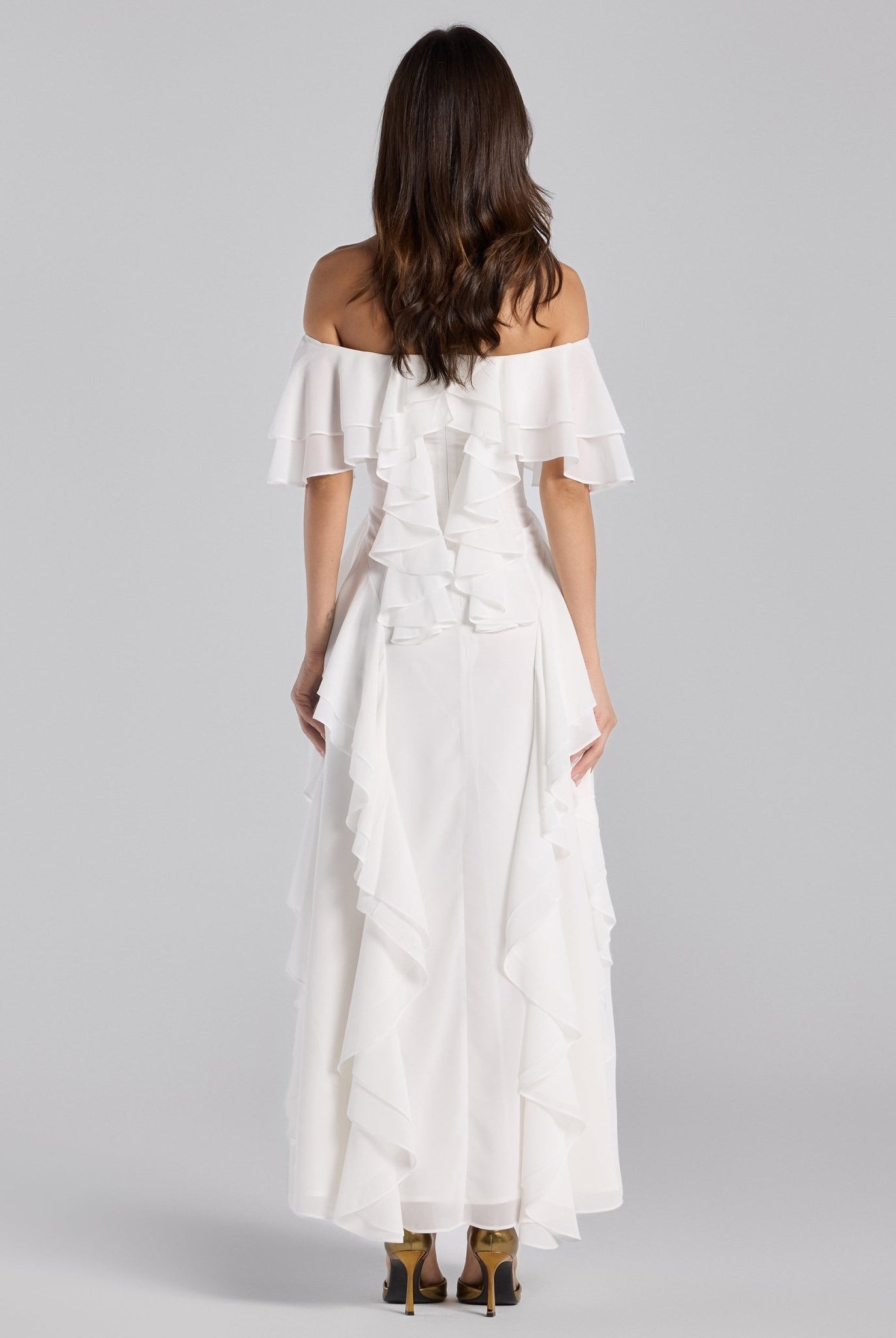 White Off Shoulder Velvet Maxi Dress With Ruffles - shopaleena