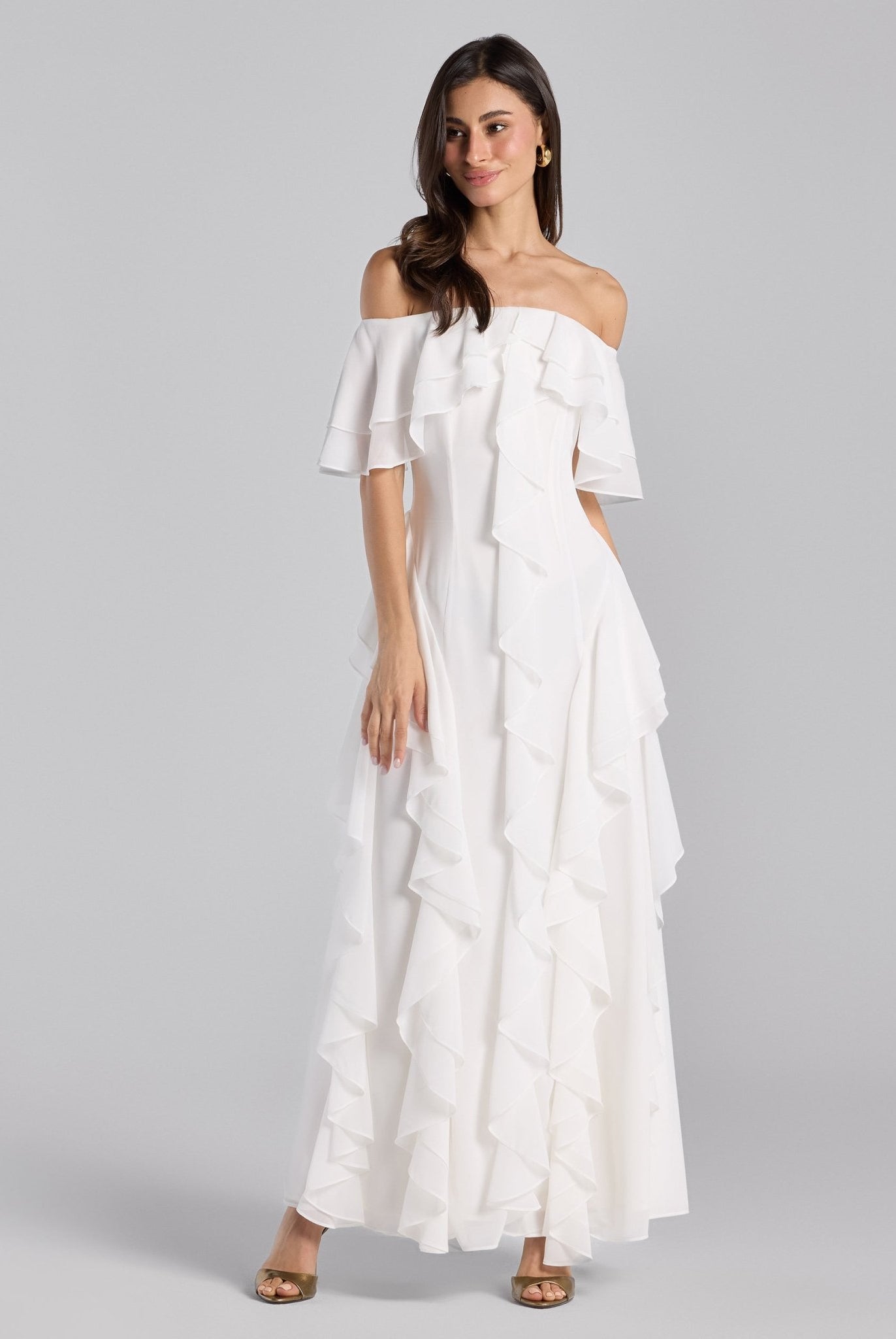 White Off Shoulder Velvet Maxi Dress With Ruffles - shopaleena