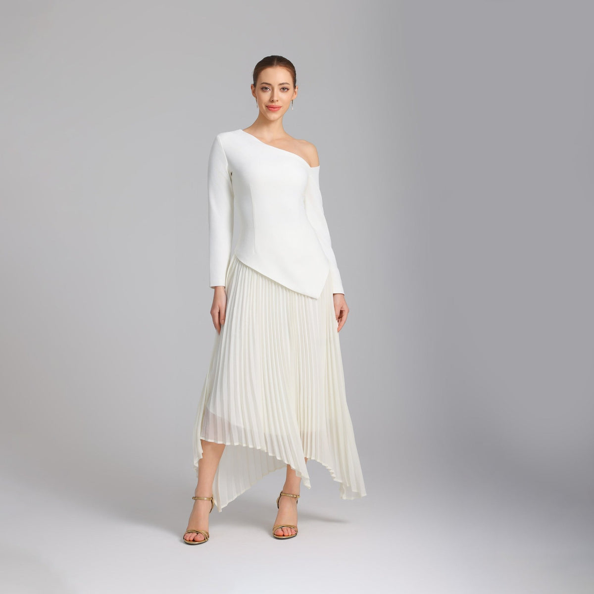 White One-shoulder Crepe Dress With Pleated Skirt – shopaleena