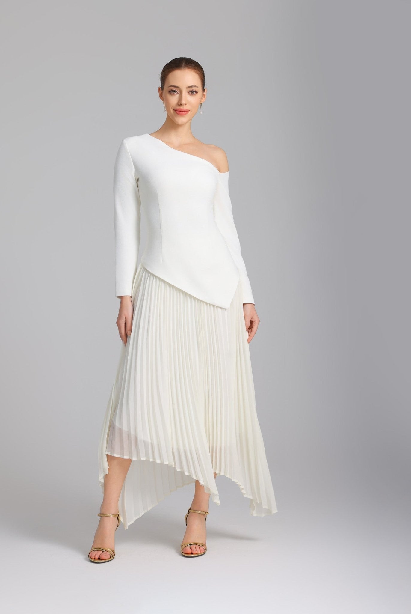 White One - shoulder Crepe Dress With Pleated Skirt - shopaleena