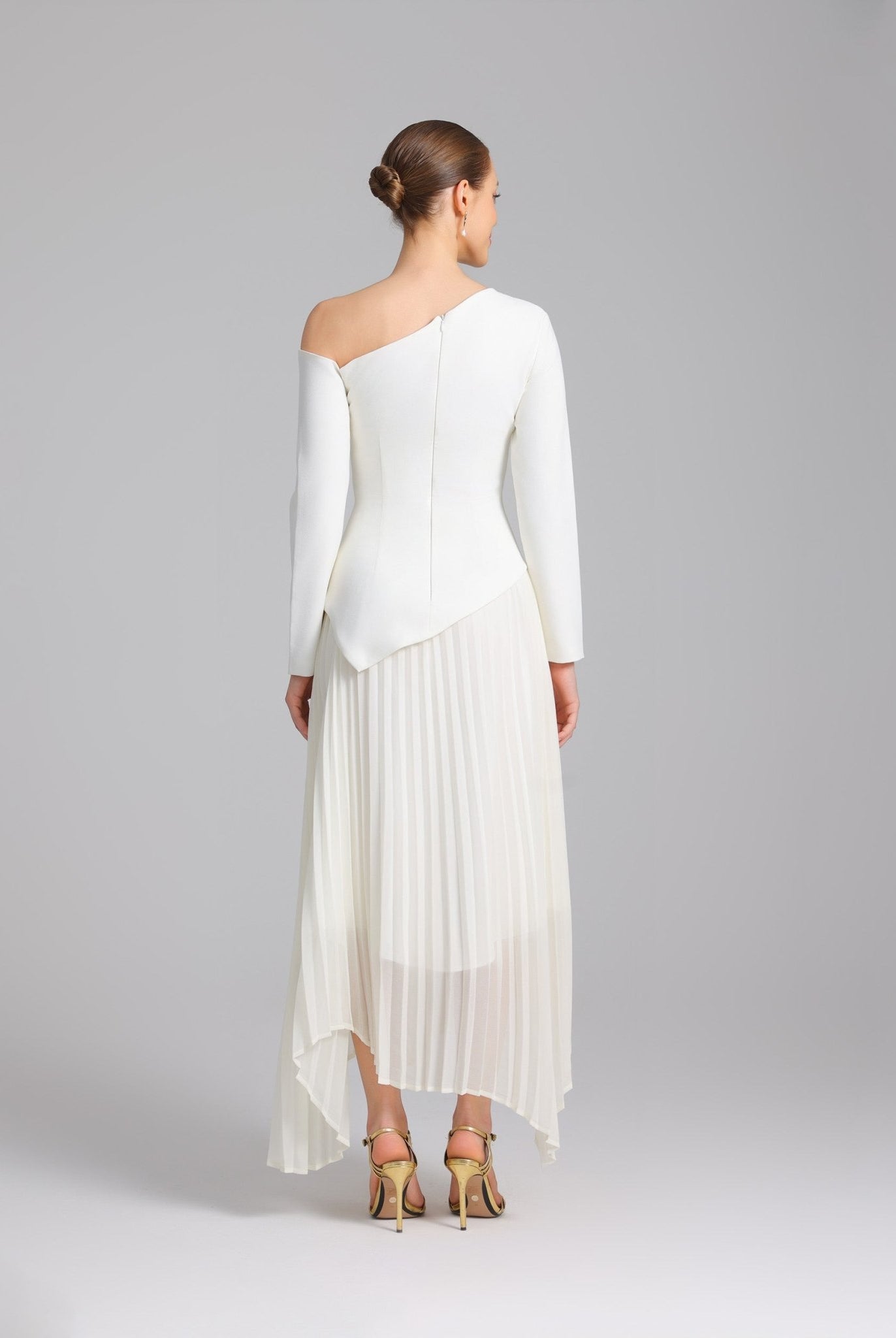 White One - shoulder Crepe Dress With Pleated Skirt - shopaleena