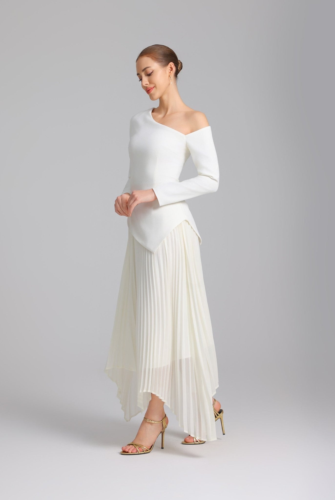 White One - shoulder Crepe Dress With Pleated Skirt - shopaleena