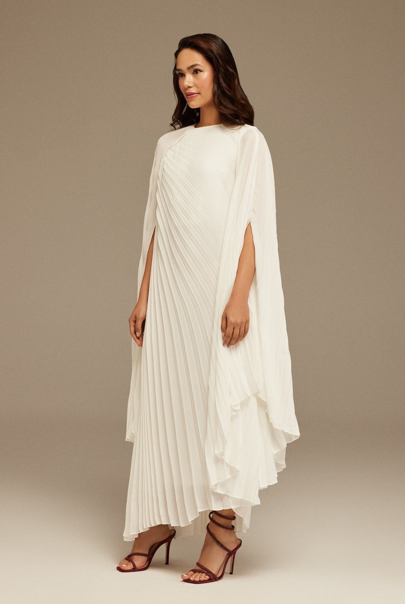 White Pleated Cape Midi Dress - shopaleena