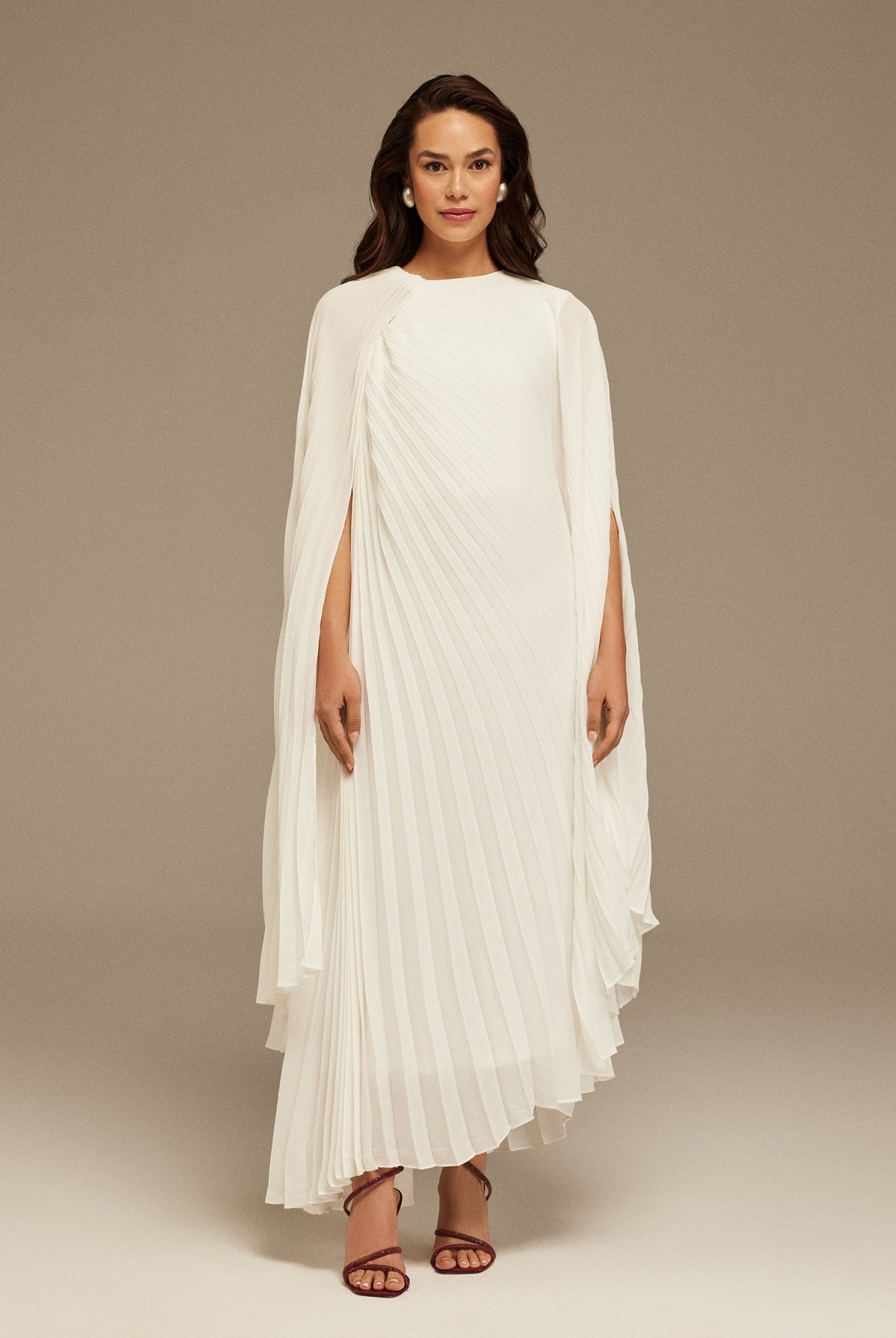 White Pleated Cape Midi Dress - shopaleena