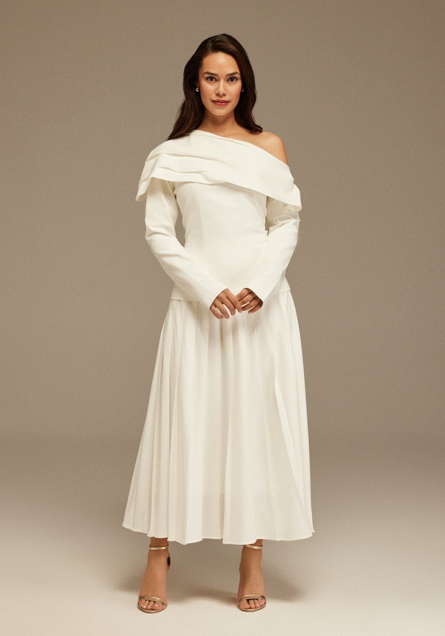 White Pleated Crepe Maxi Skirt - shopaleena