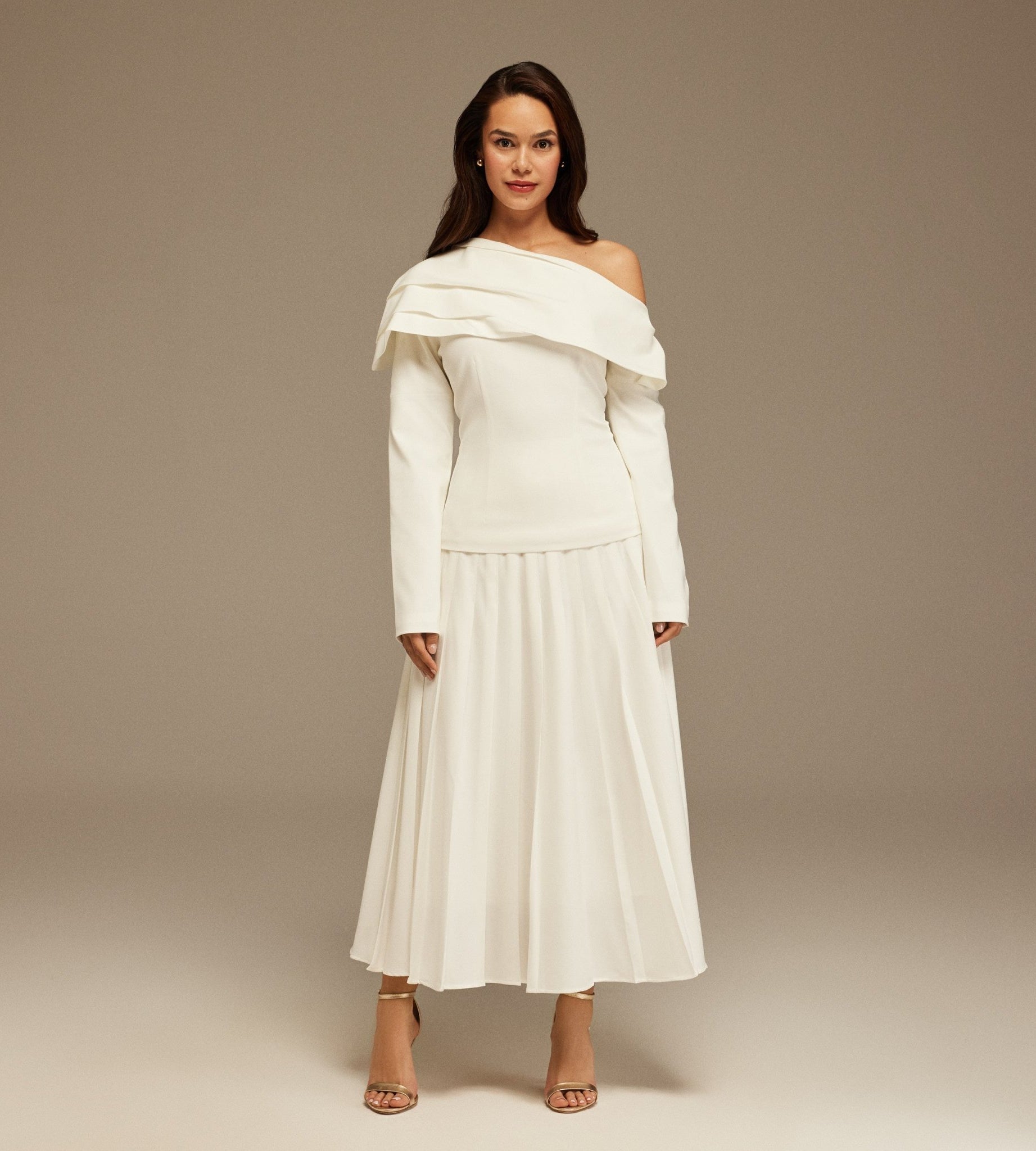 White Pleated Crepe Maxi Skirt - shopaleena
