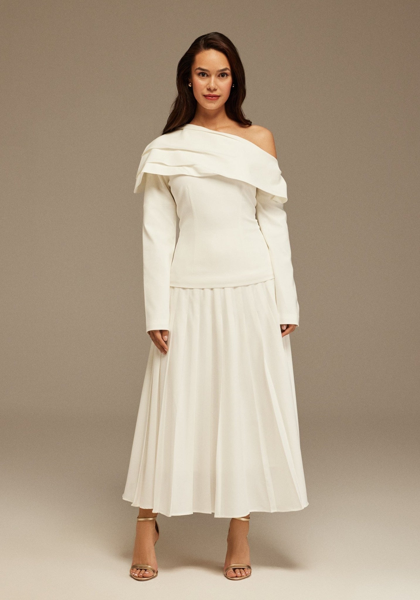 White Pleated Crepe Maxi Skirt - shopaleena