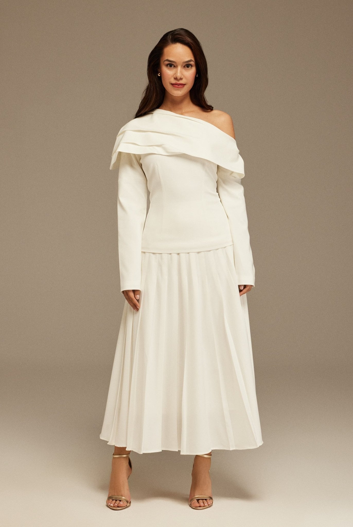 White Pleated Crepe Maxi Skirt - shopaleena