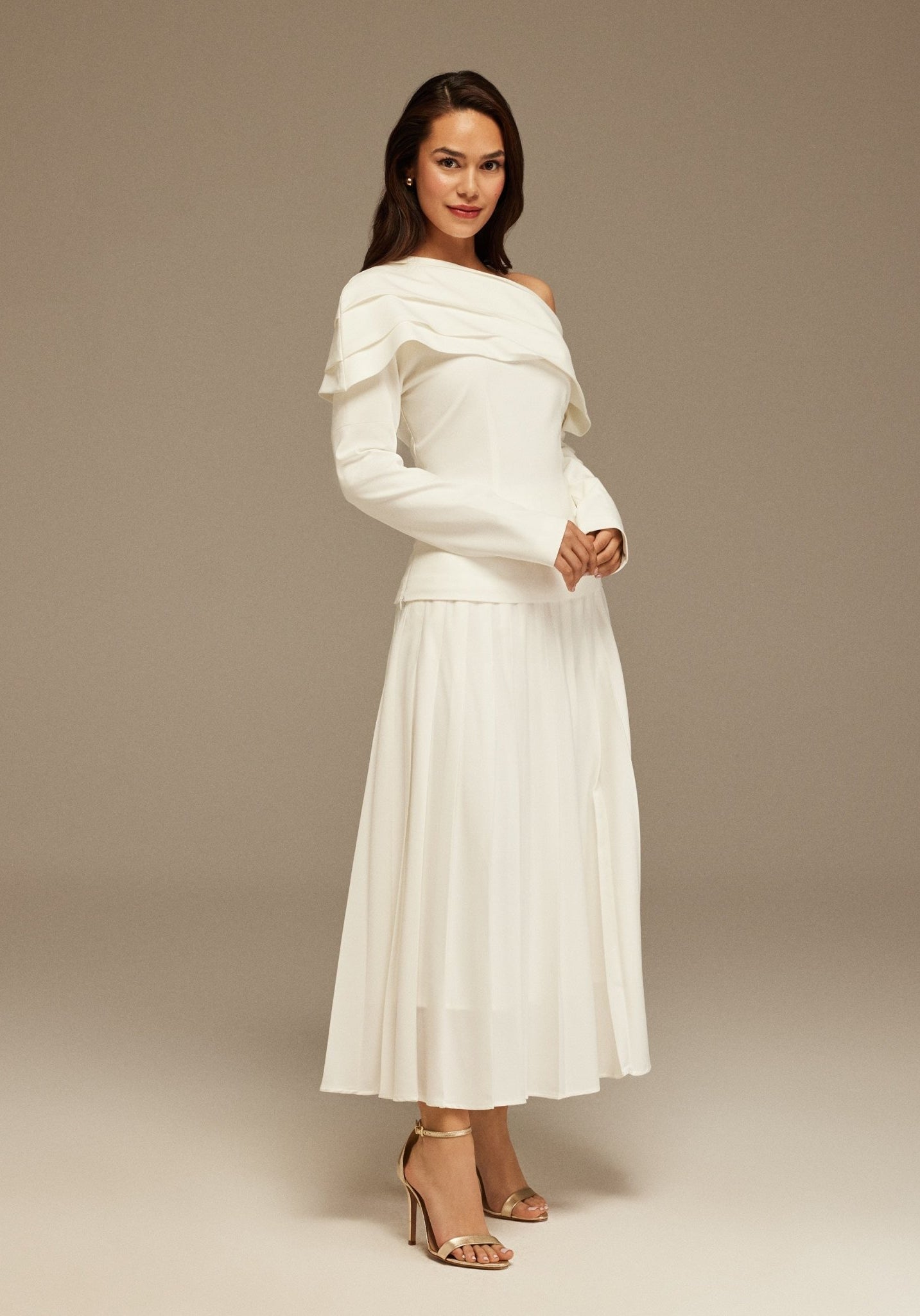White Pleated Crepe Maxi Skirt - shopaleena