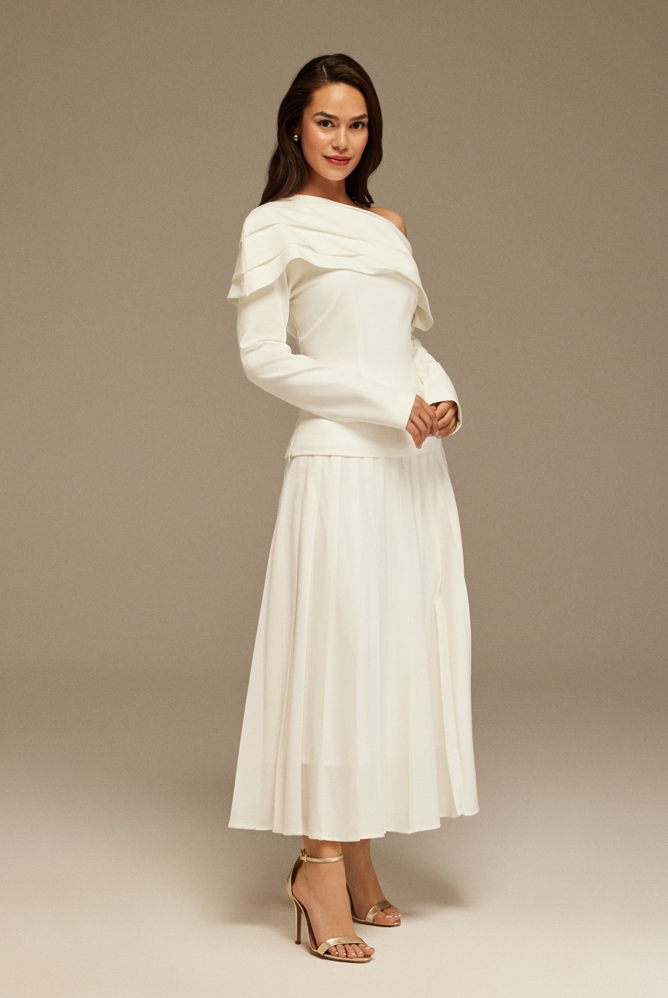 White Pleated Crepe Maxi Skirt - shopaleena