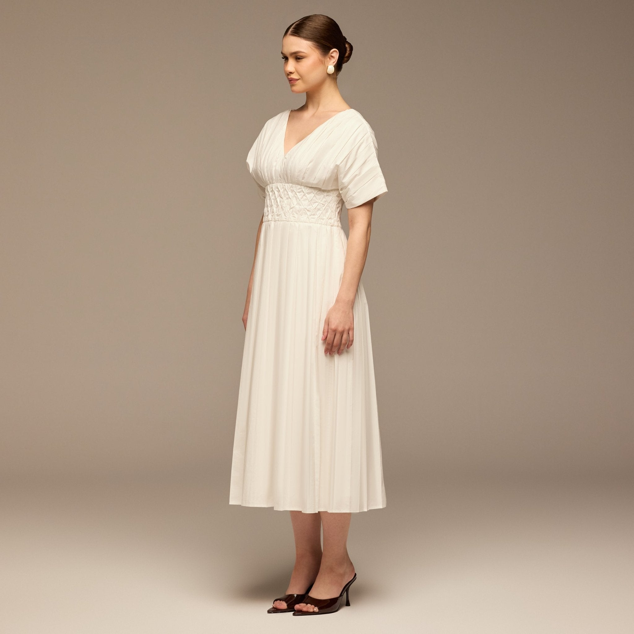 White Poplin Cotton Puffy Sleeve Dress - shopaleena