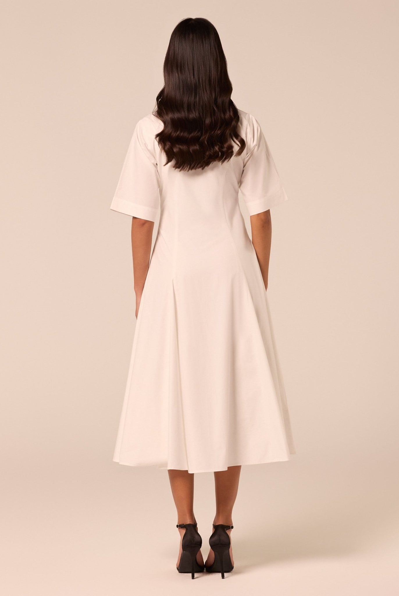 White Poplin Flared Hem Midi Dress - shopaleena