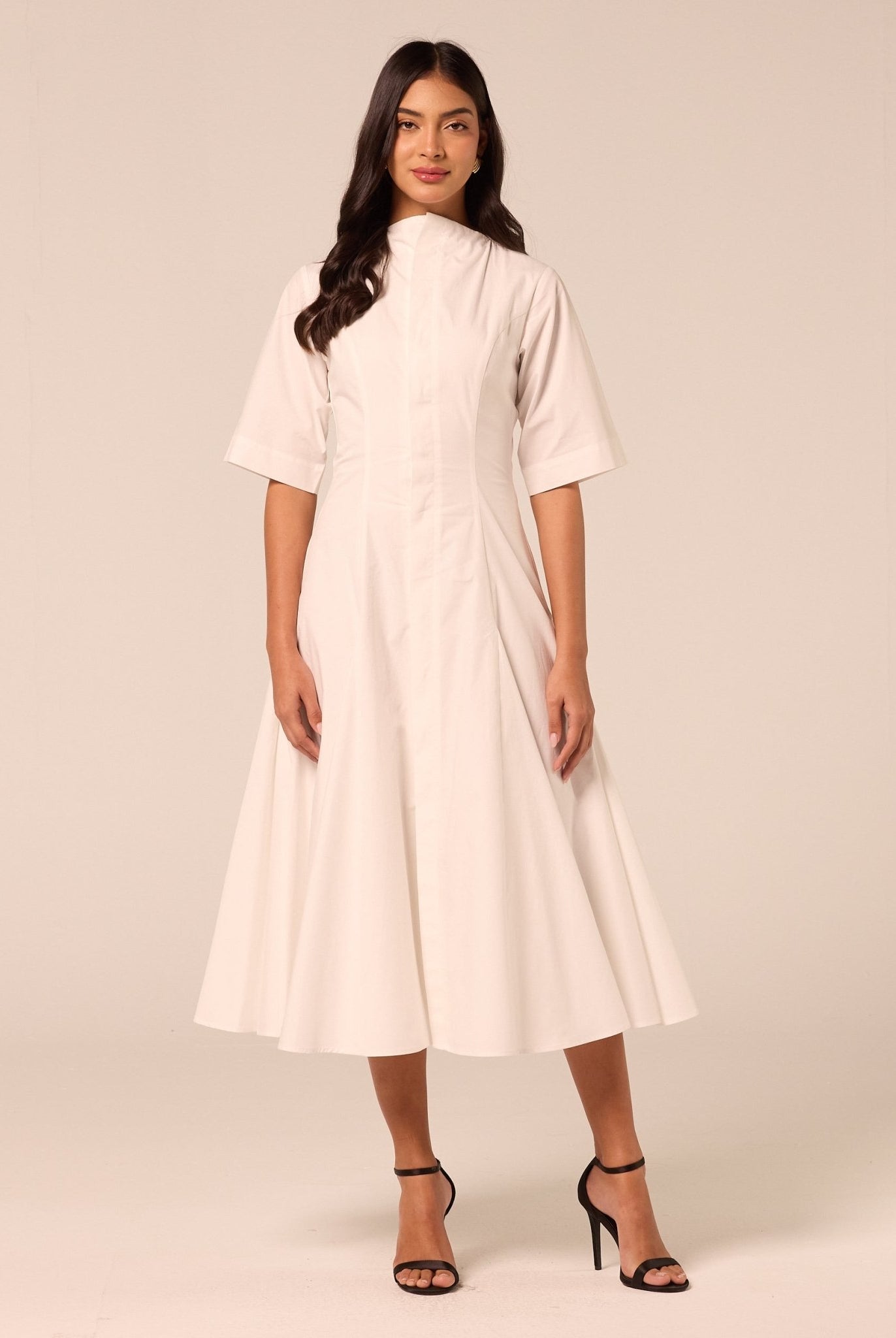 White Poplin Flared Hem Midi Dress - shopaleena