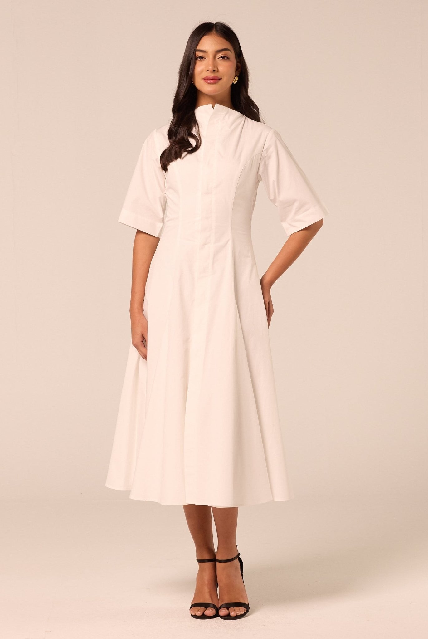White Poplin Flared Hem Midi Dress - shopaleena
