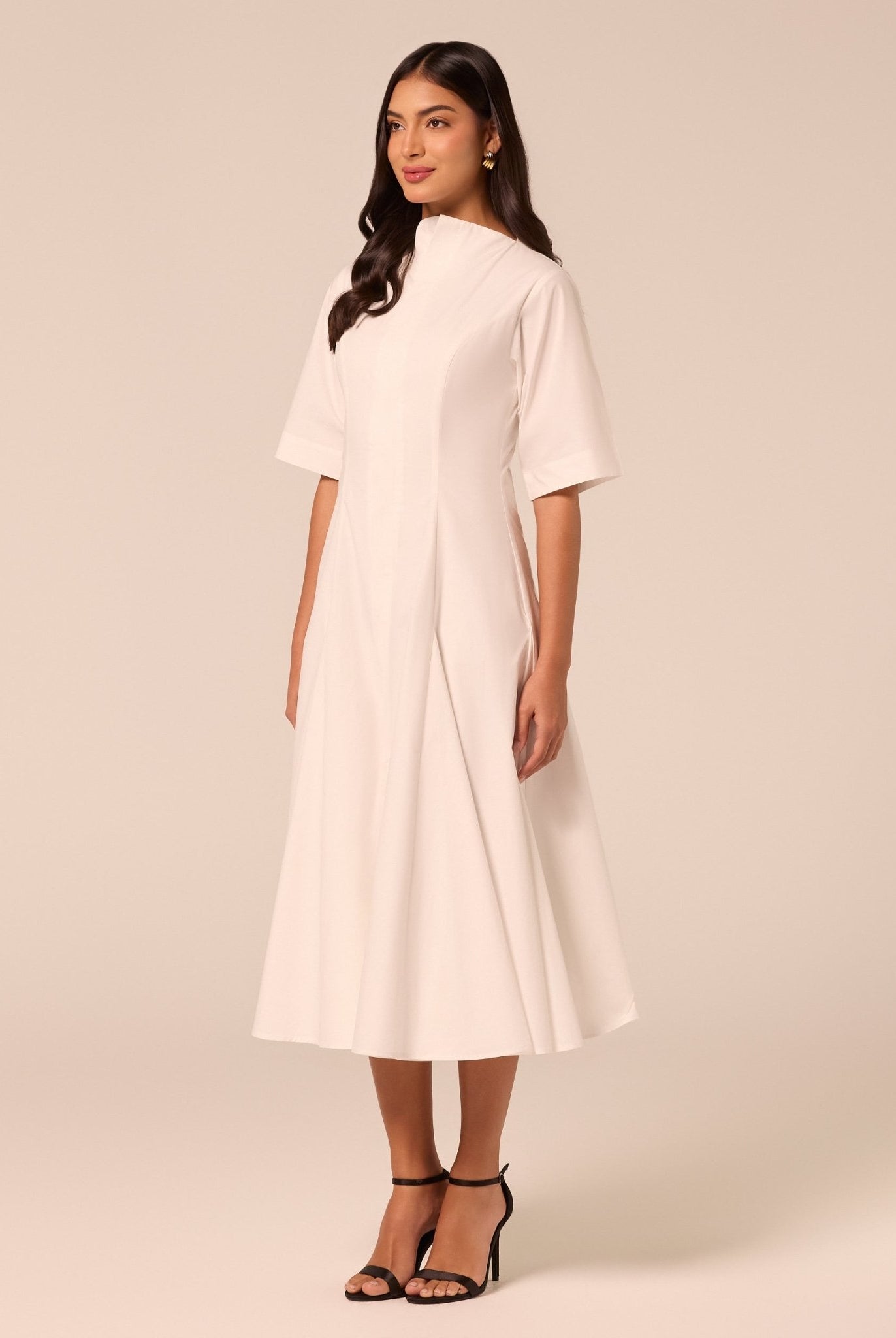 White Poplin Flared Hem Midi Dress - shopaleena