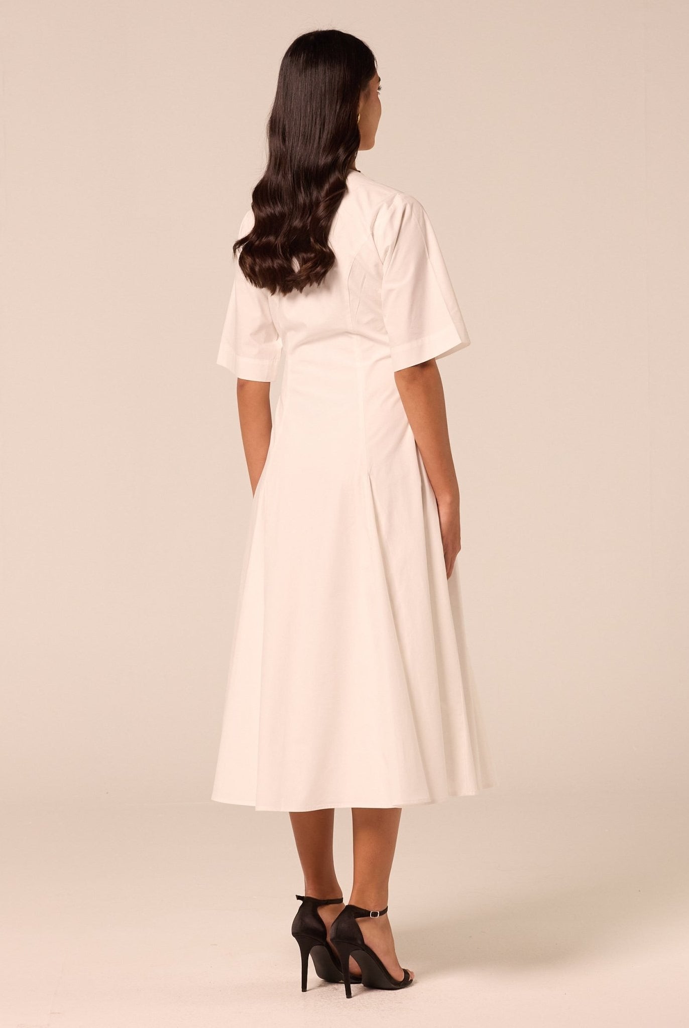White Poplin Flared Hem Midi Dress - shopaleena