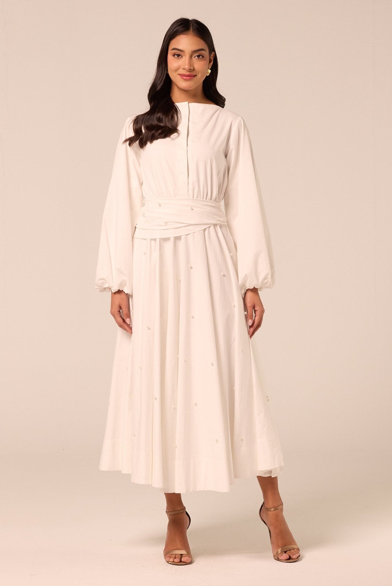 White Poplin Maxi Dress with Pearls - shopaleena