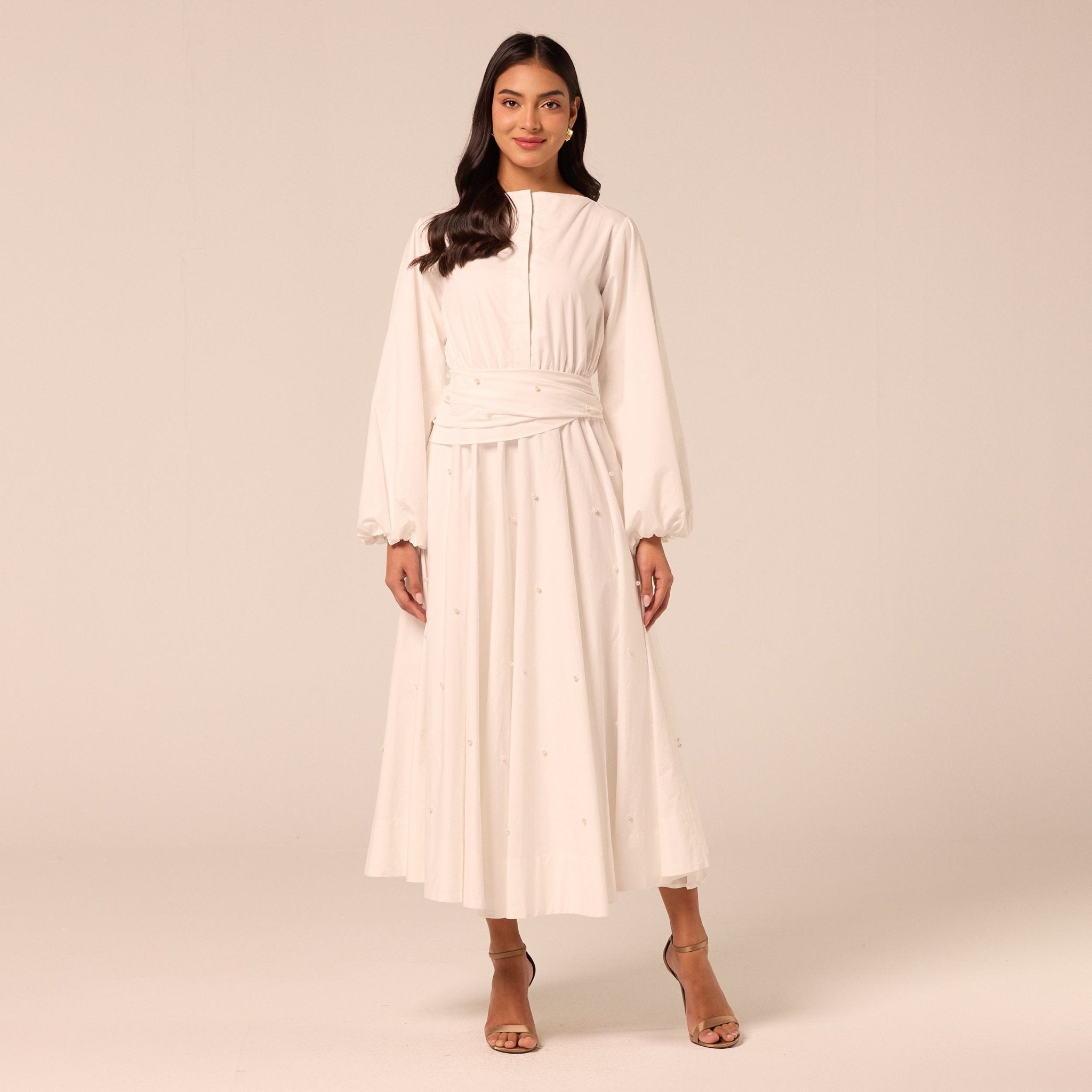White Poplin Maxi Dress with Pearls - shopaleena