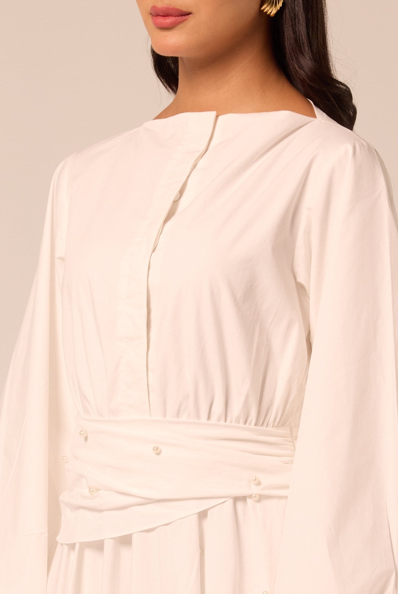 White Poplin Maxi Dress with Pearls - shopaleena