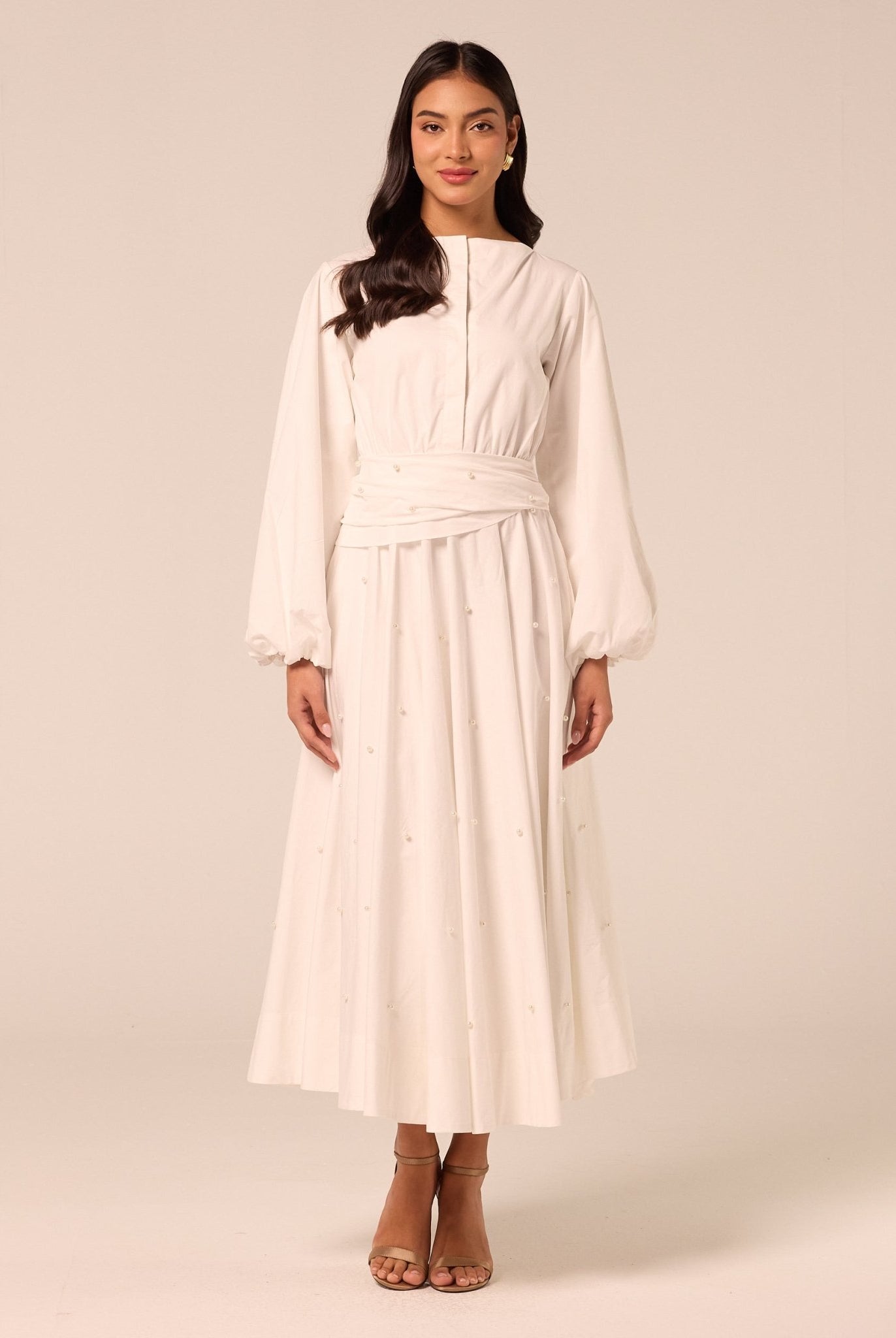 White Poplin Maxi Dress with Pearls - shopaleena