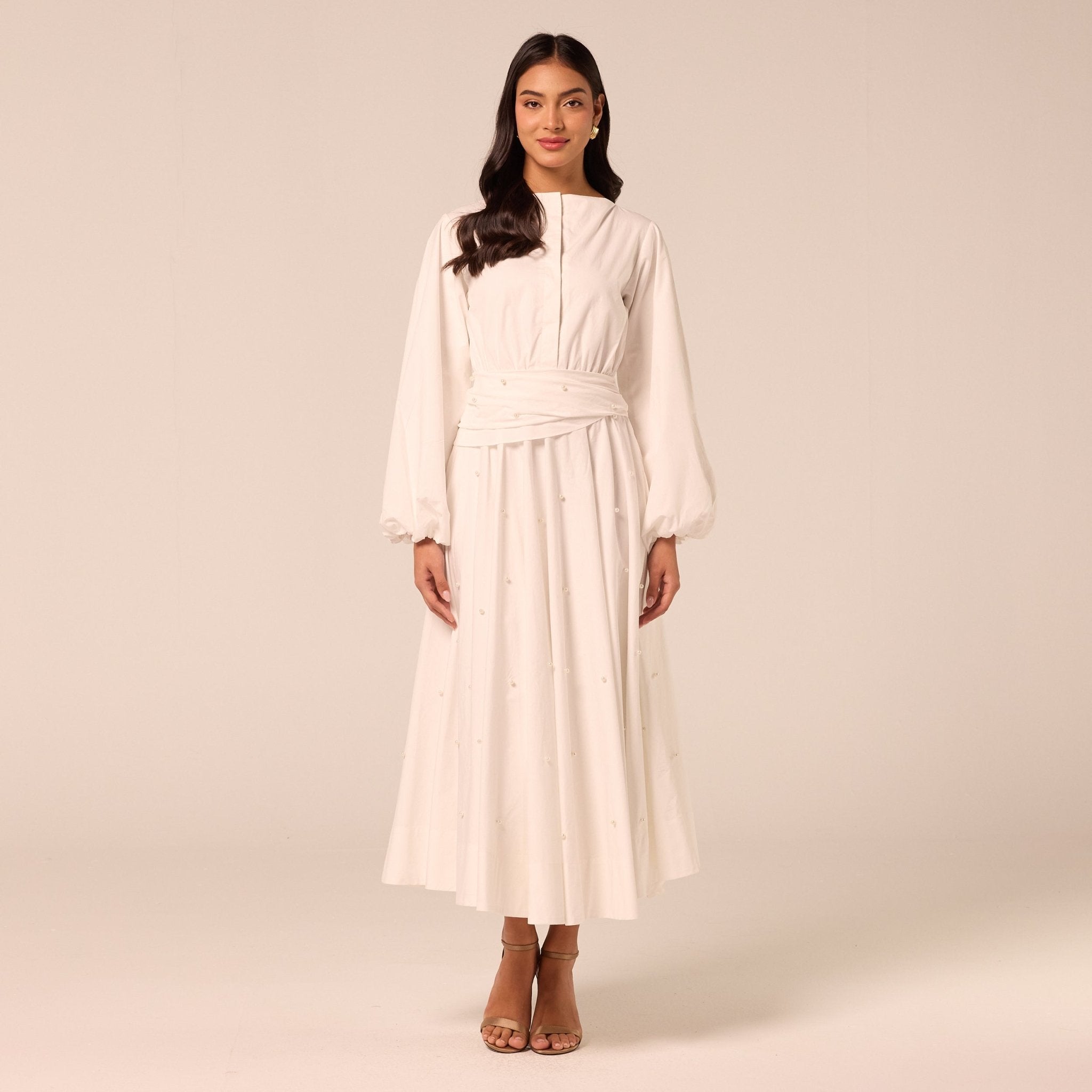 White Poplin Maxi Dress with Pearls - shopaleena