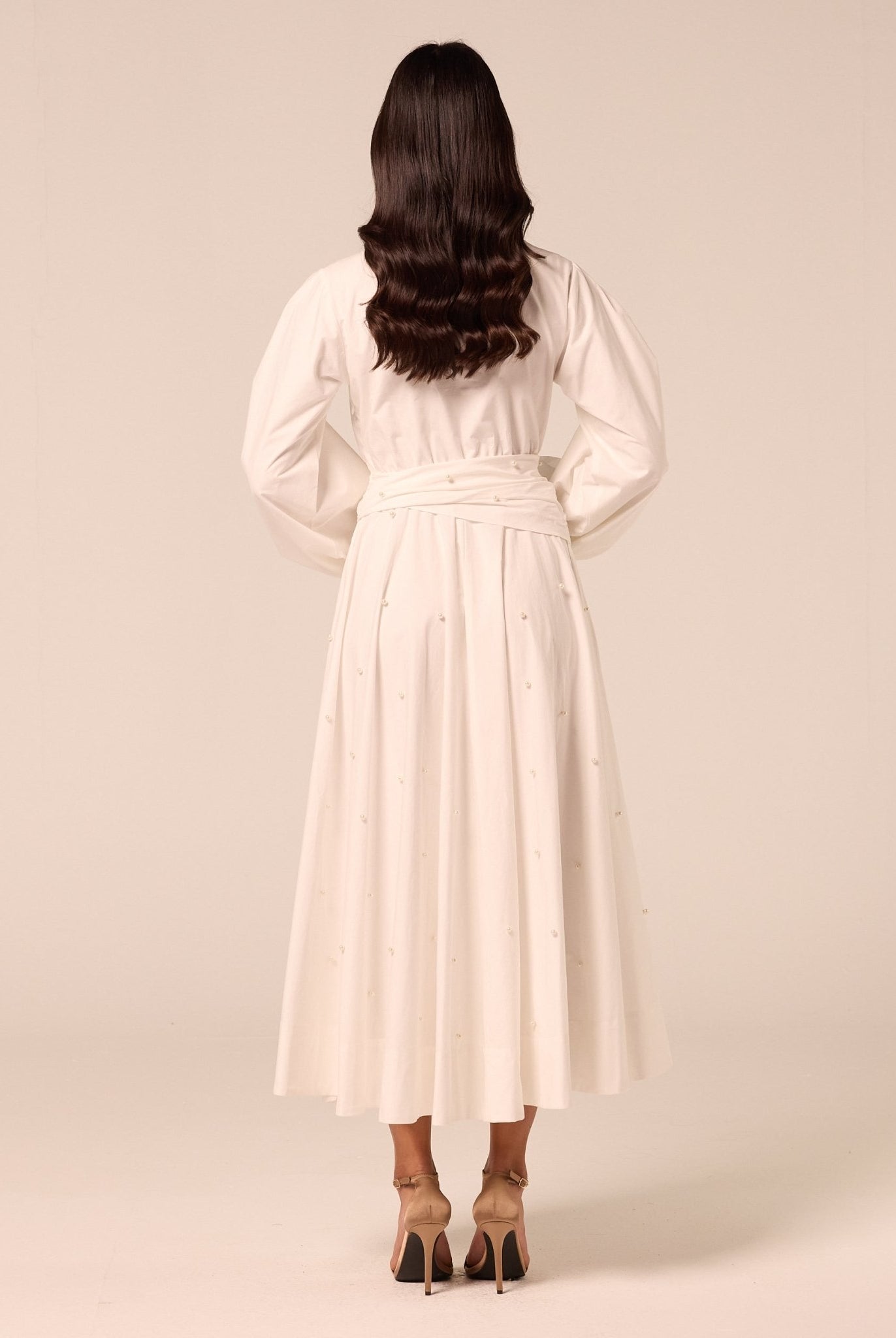 White Poplin Maxi Dress with Pearls - shopaleena