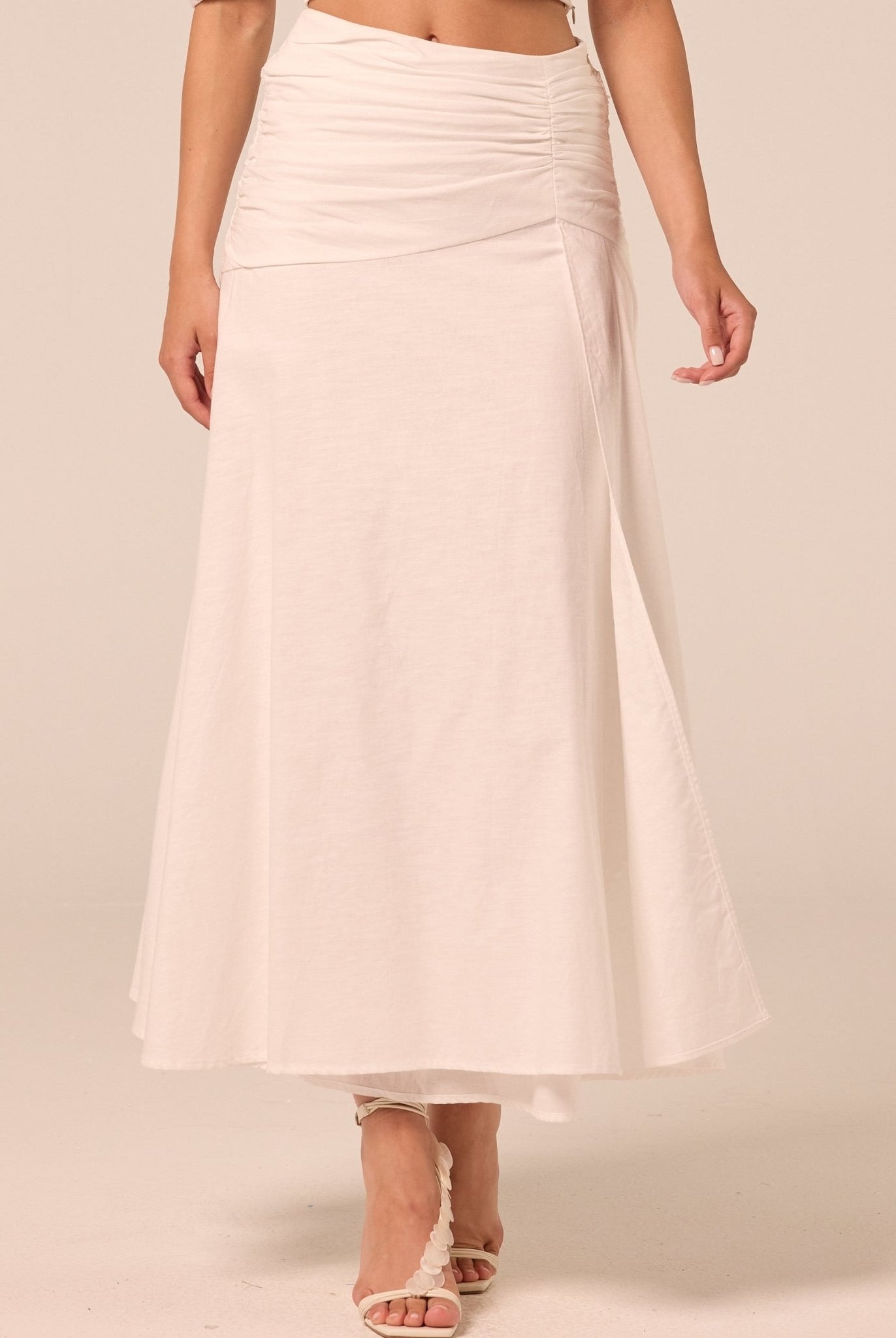 White Ruched Midi Skirt - shopaleena