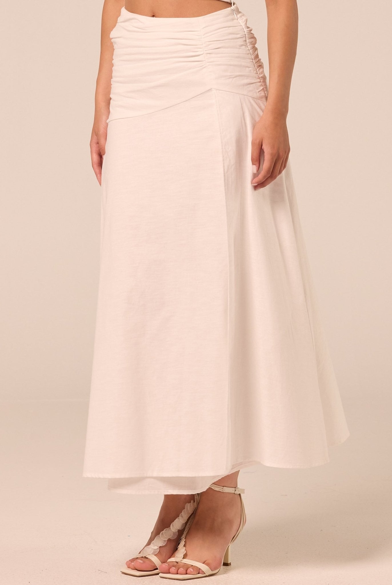 White Ruched Midi Skirt - shopaleena