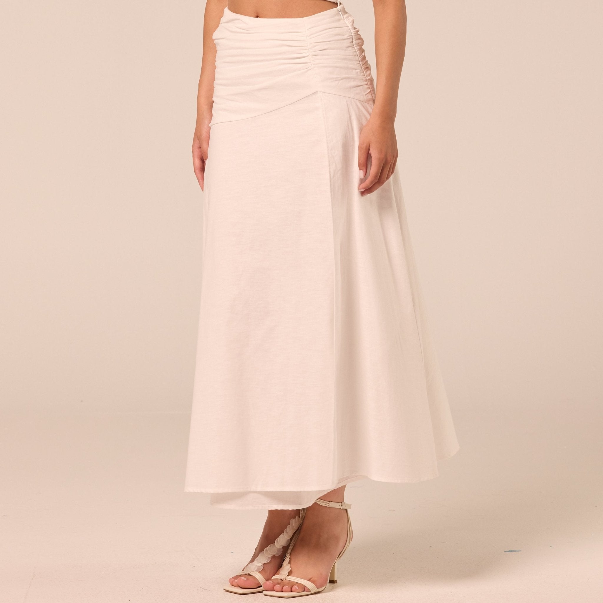 White Ruched Midi Skirt - shopaleena