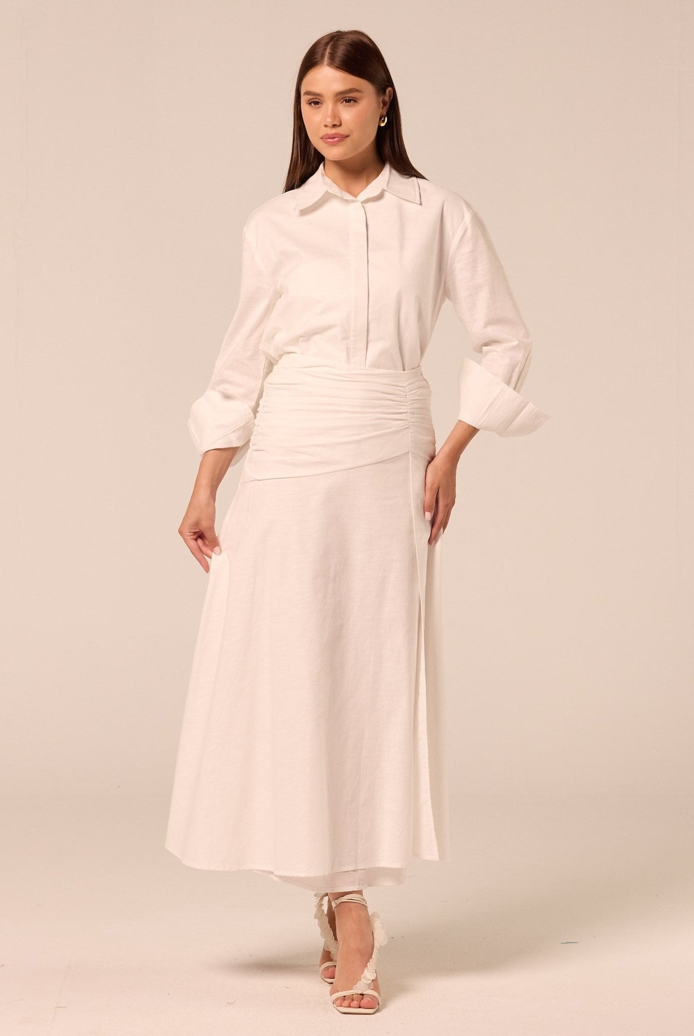 White Ruched Midi Skirt - shopaleena