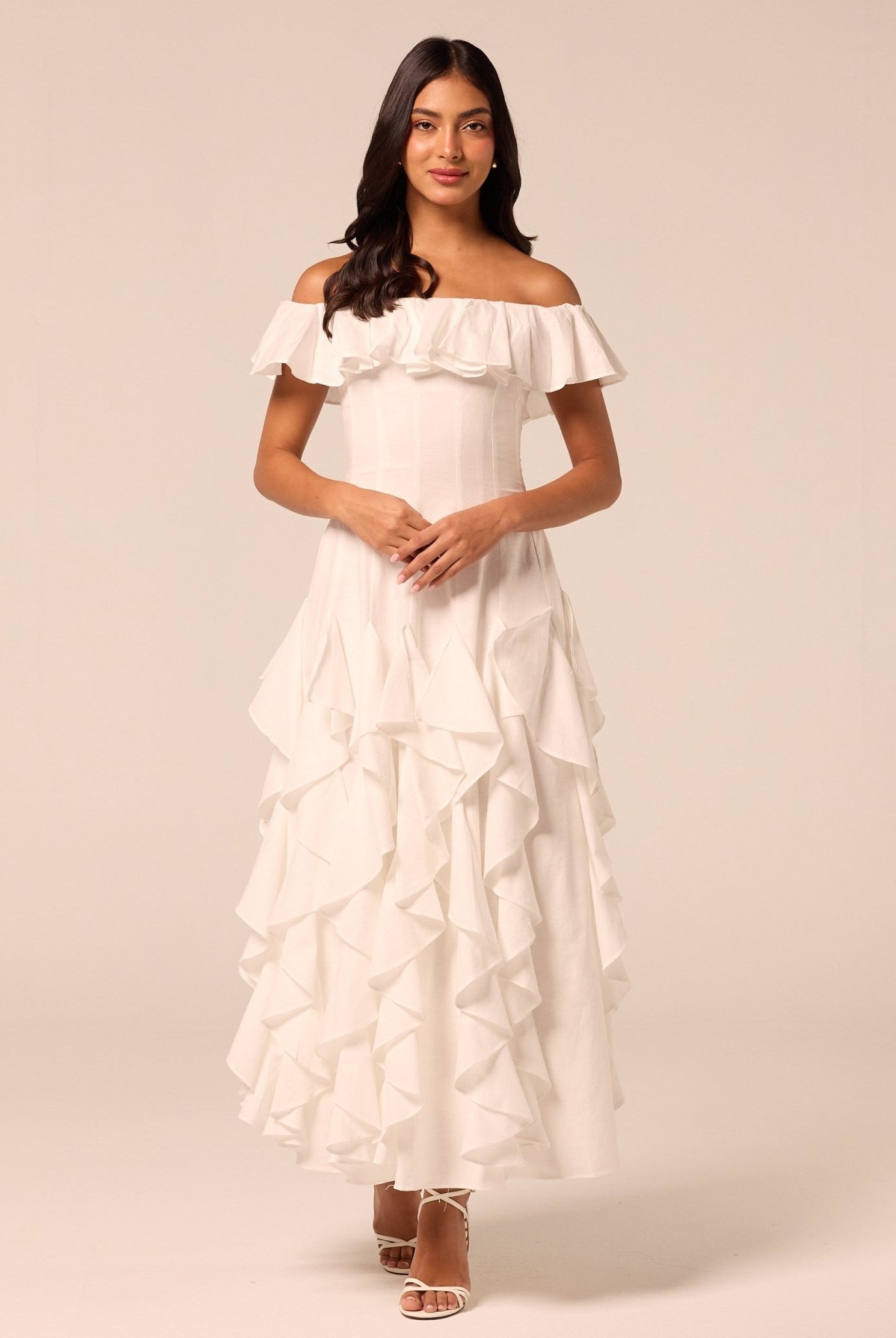 White Ruffle Linen Maxi Dress - shopaleena