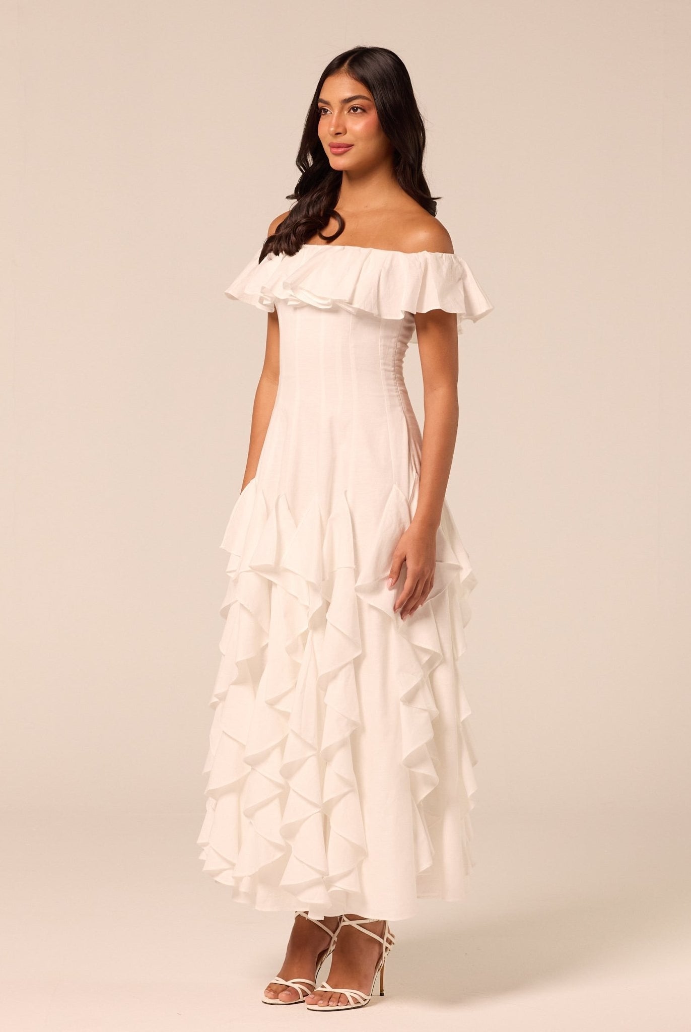 White Ruffle Linen Maxi Dress - shopaleena