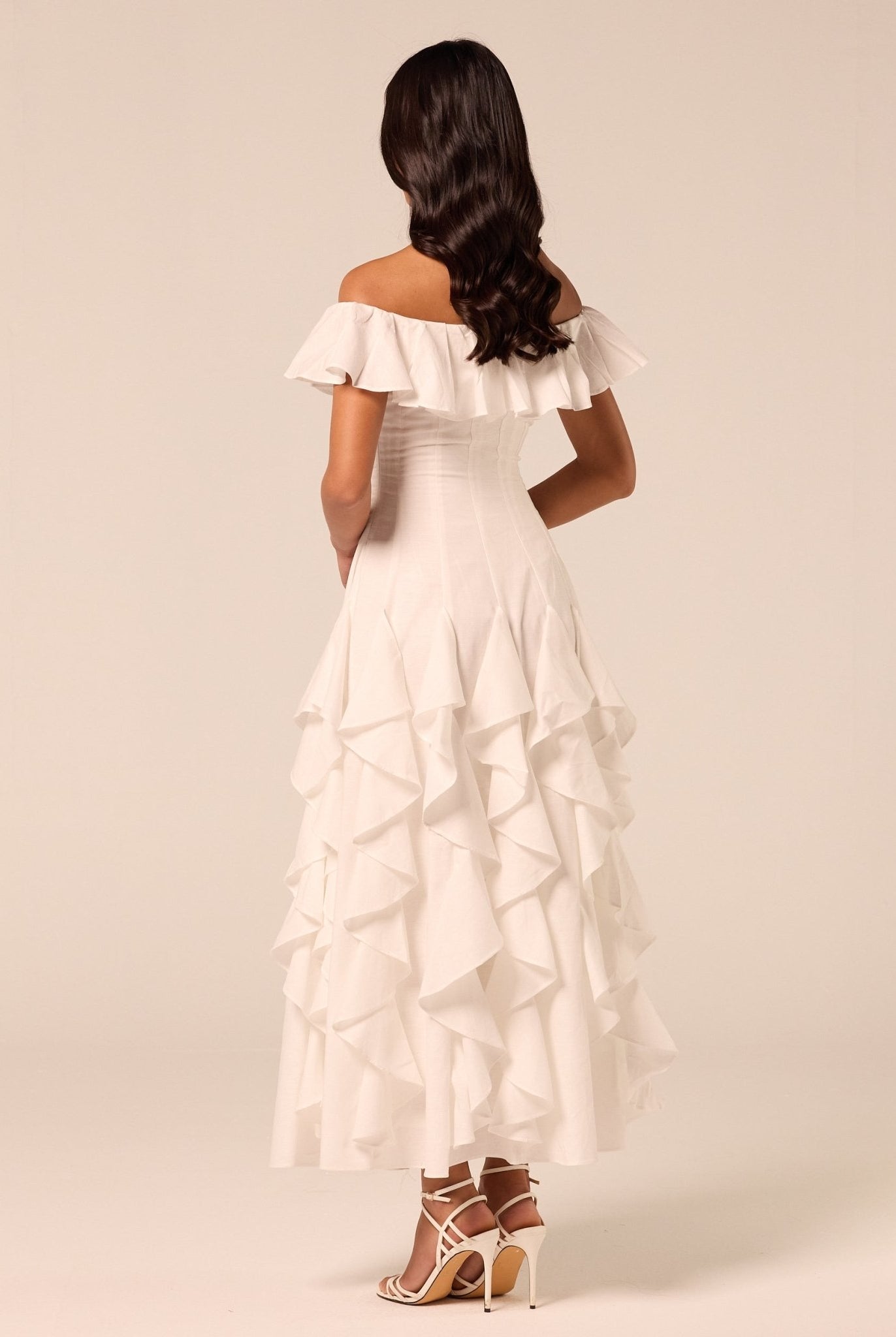 White Ruffle Linen Maxi Dress - shopaleena