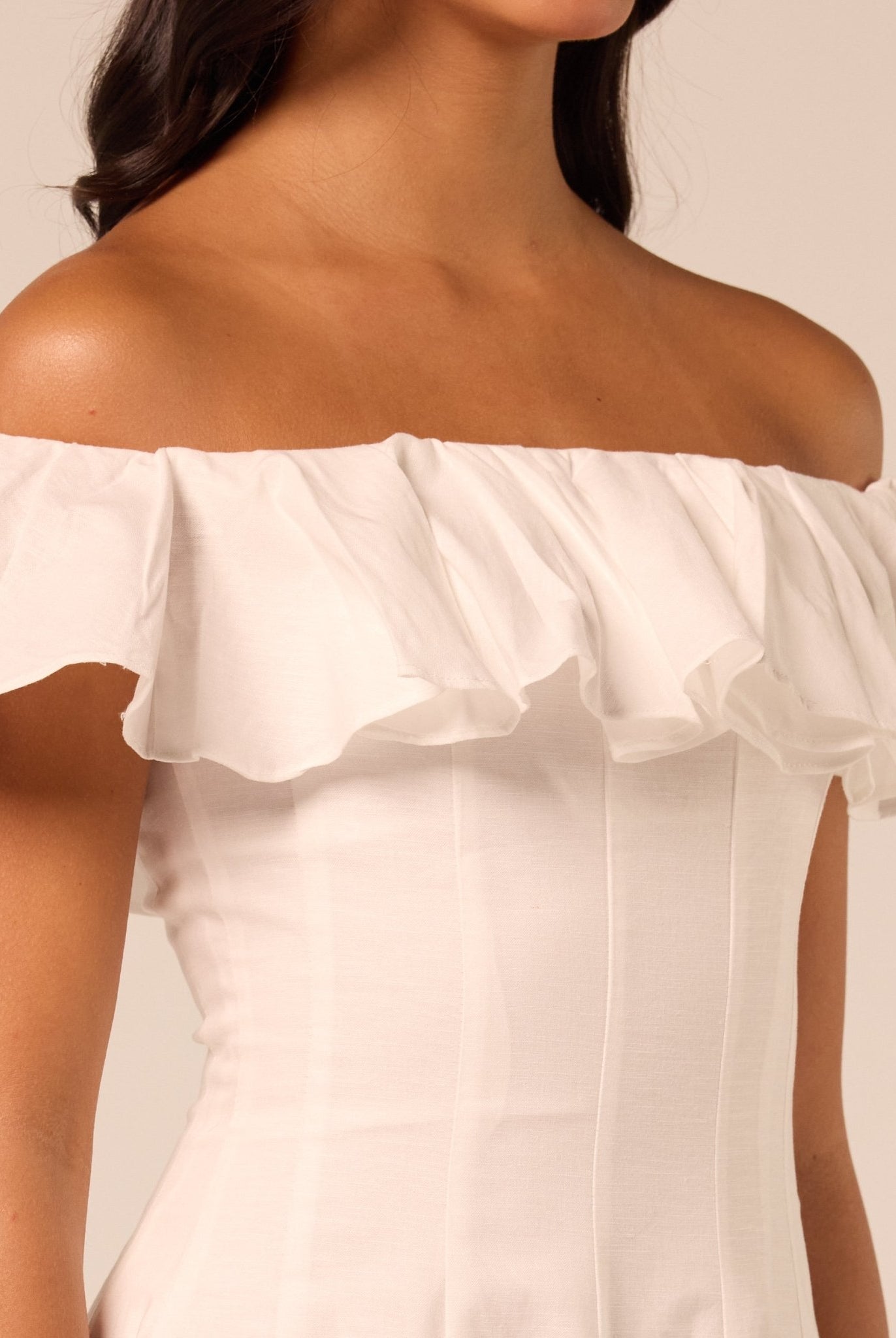 White Ruffle Linen Maxi Dress - shopaleena