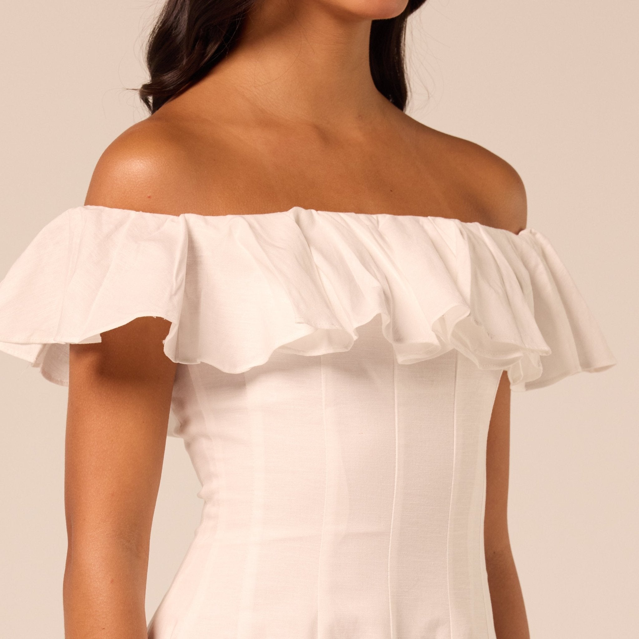 White Ruffle Linen Maxi Dress - shopaleena