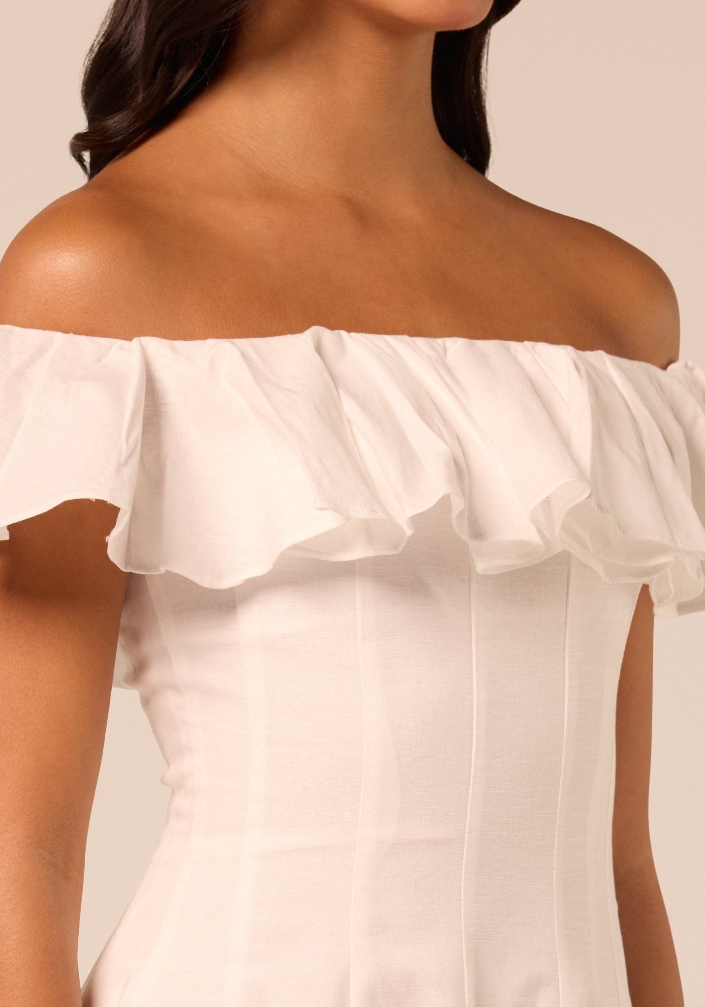 White Ruffle Linen Maxi Dress - shopaleena