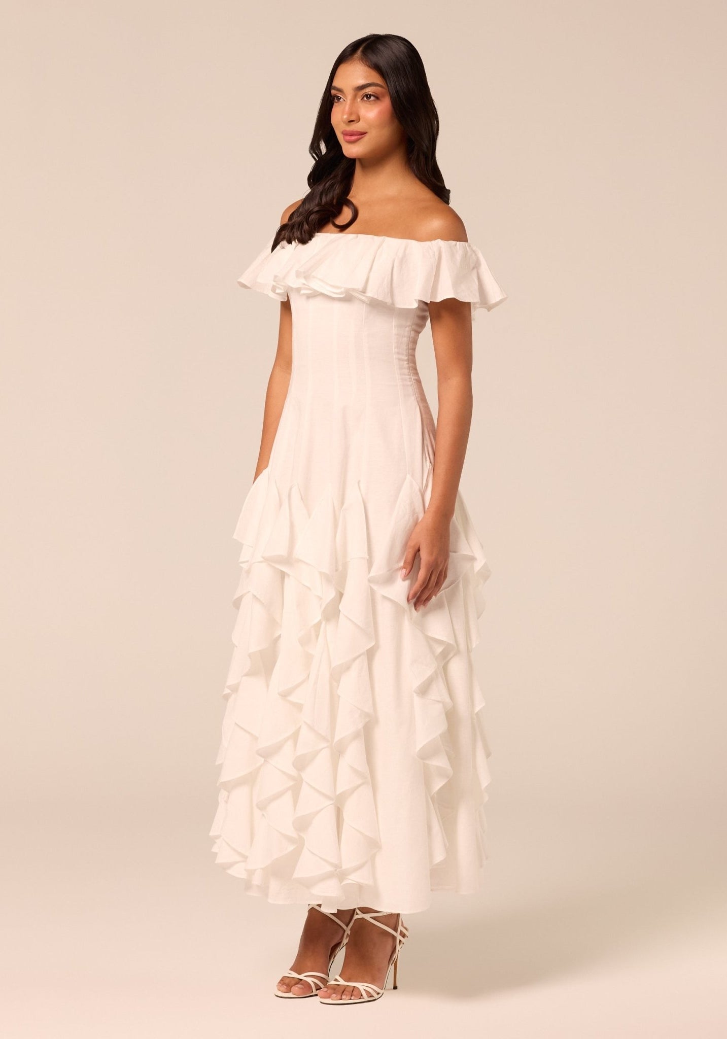White Ruffle Linen Maxi Dress - shopaleena