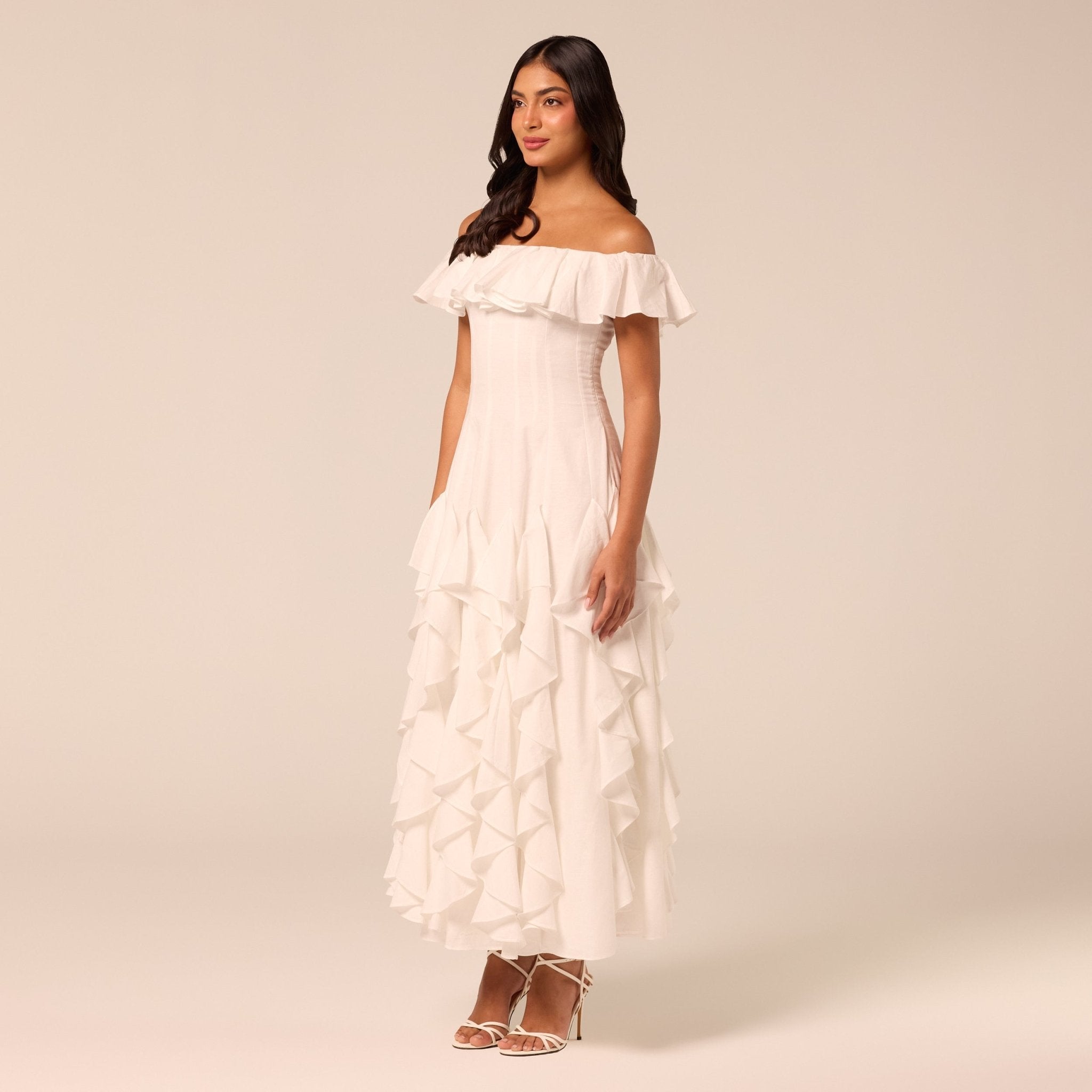 White Ruffle Linen Maxi Dress - shopaleena