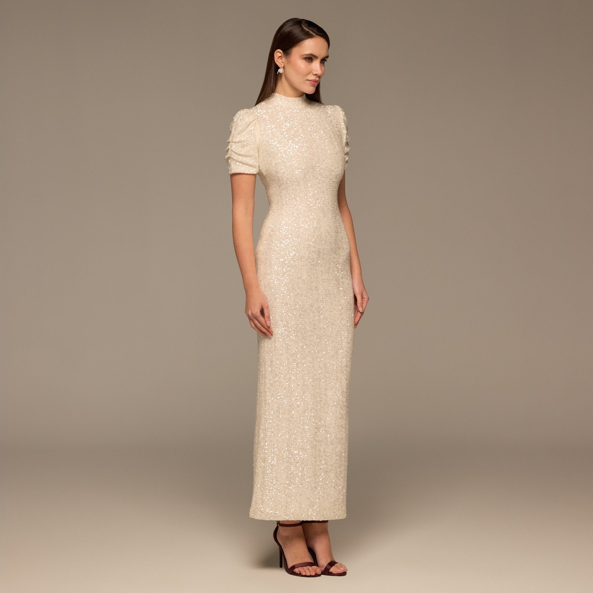 White Sequin Puff Sleeve Maxi Dress - shopaleena