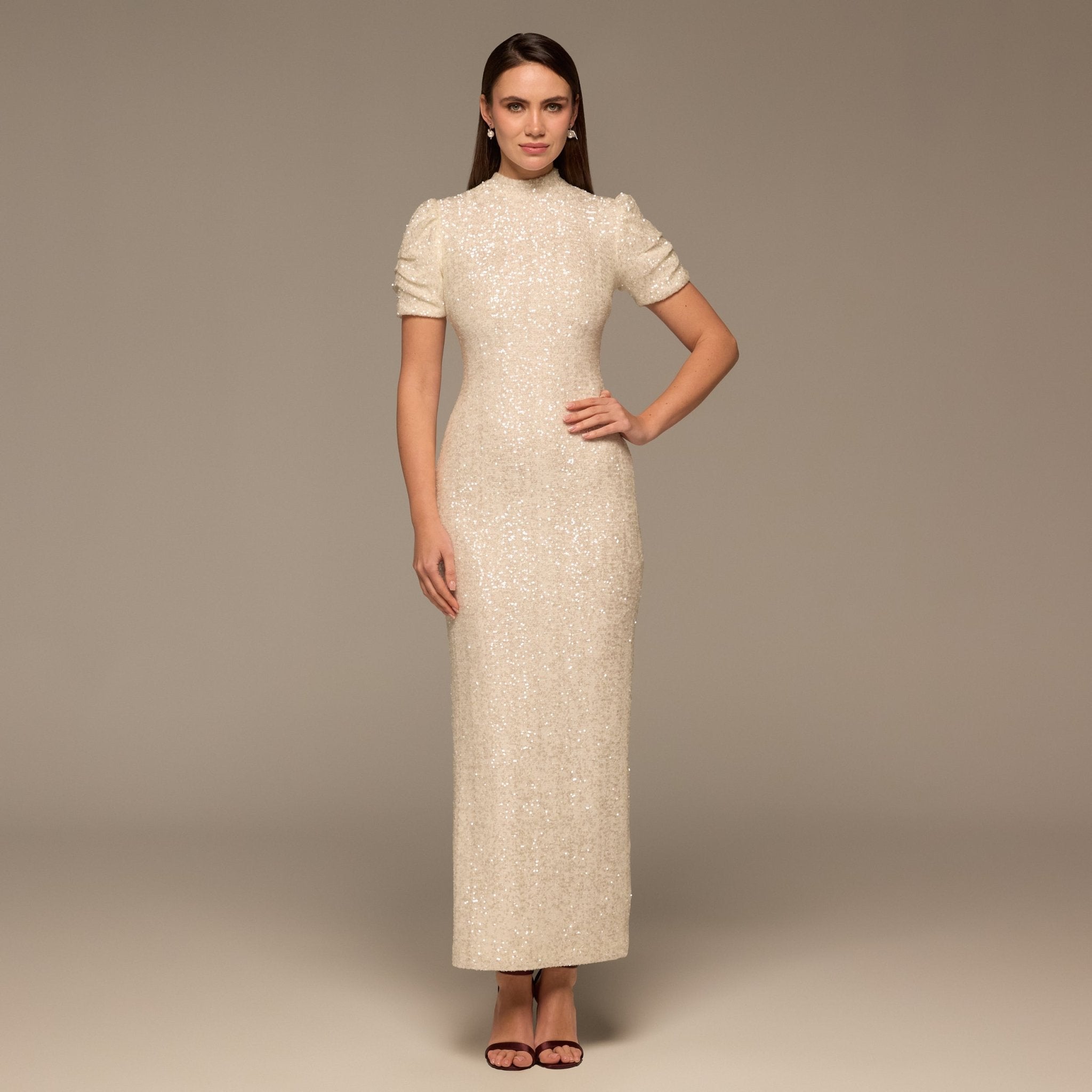 White Sequin Puff Sleeve Maxi Dress - shopaleena