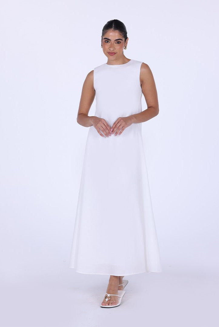 White Sleeveless A - line Linen Maxi Dress - shopaleena