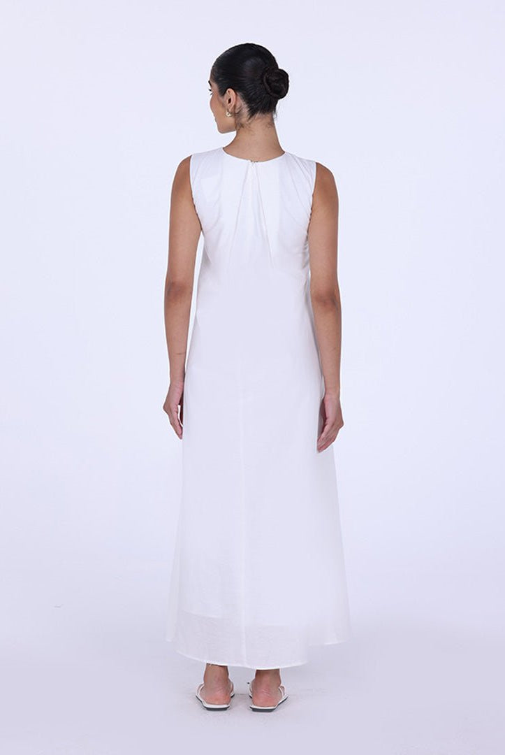 White Sleeveless A - line Linen Maxi Dress - shopaleena