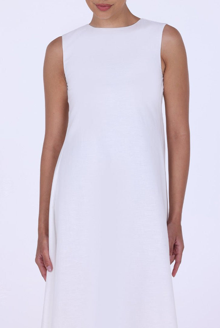 White Sleeveless A - line Linen Maxi Dress - shopaleena