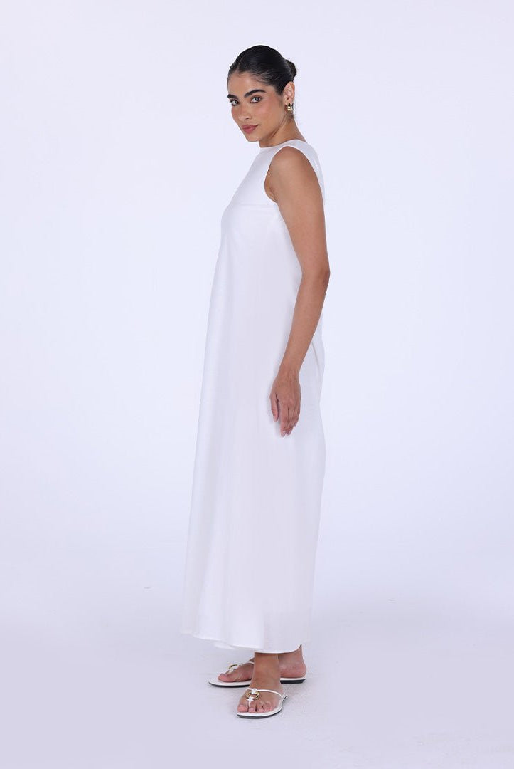 White Sleeveless A - line Linen Maxi Dress - shopaleena