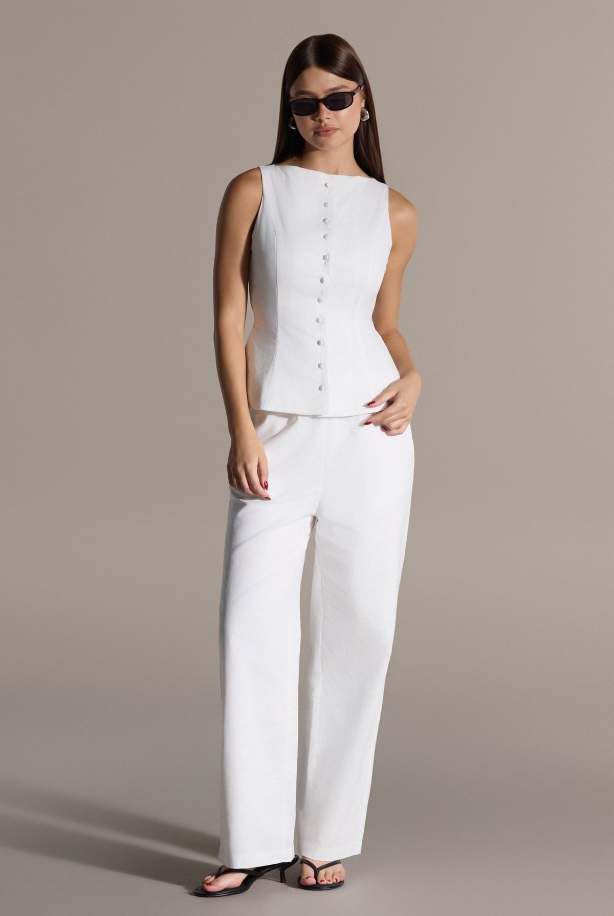 White Sleeveless Boat Linen Top - shopaleena