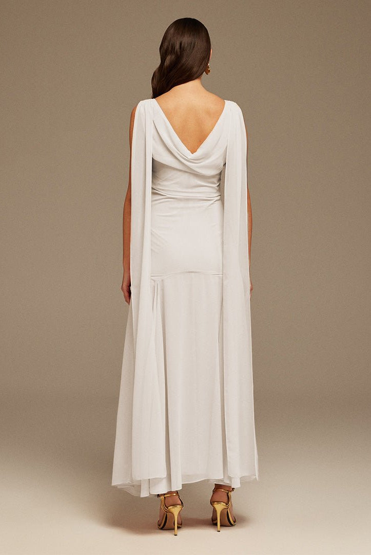 White Sleeveless Chiffon Maxi Dress with embroidery - shopaleena