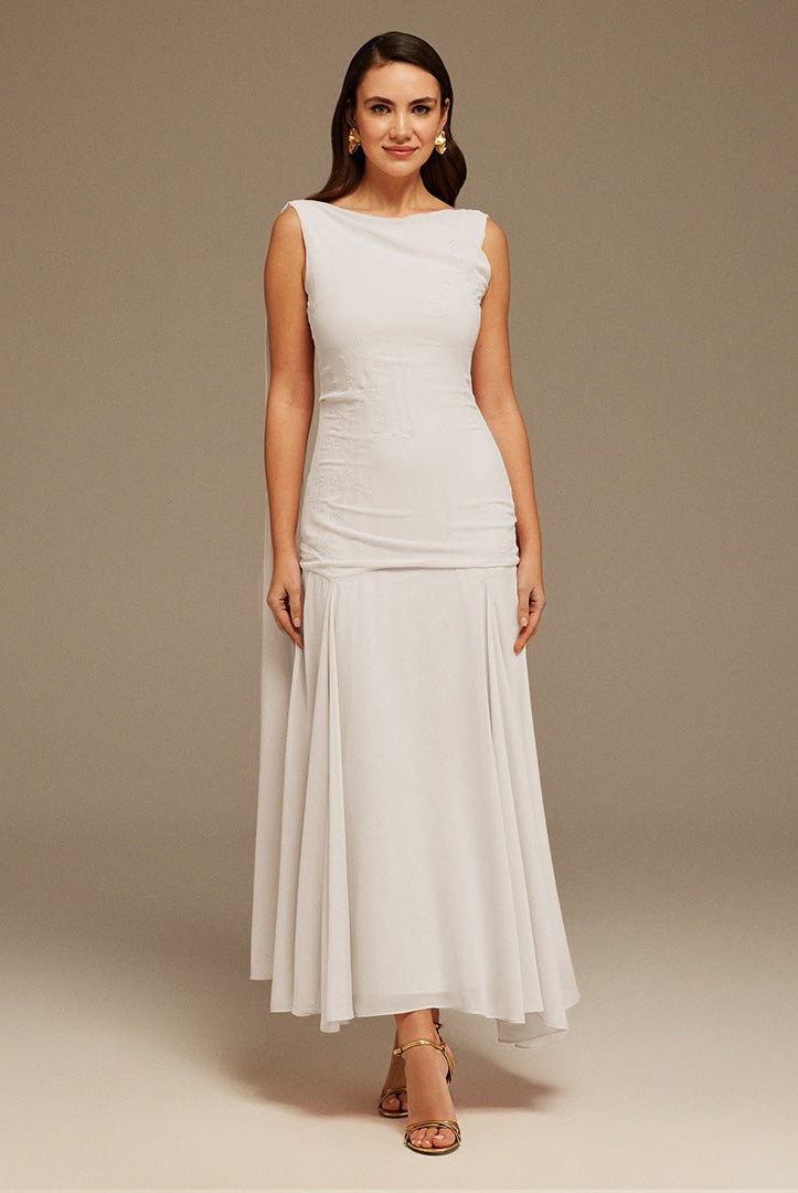 White Sleeveless Chiffon Maxi Dress with embroidery - shopaleena